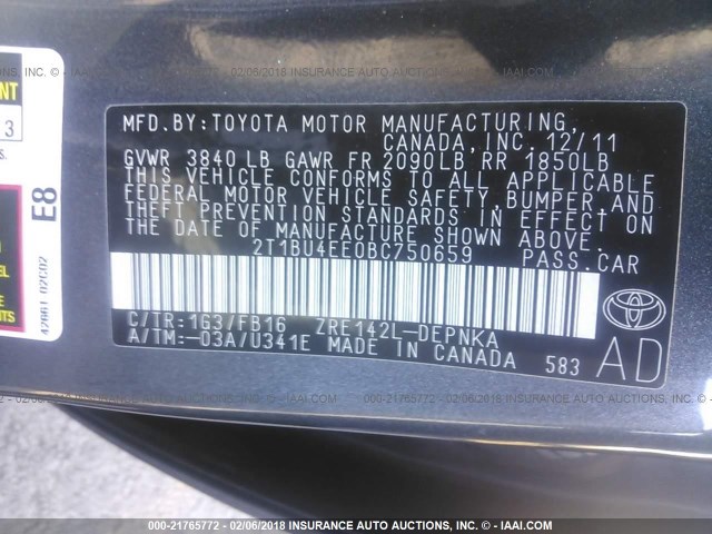 2T1BU4EE0BC750659 - 2011 TOYOTA COROLLA S/LE GRAY photo 9