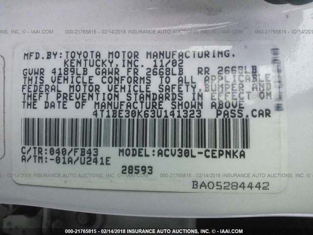 4T1BE30K63U141323 - 2003 TOYOTA CAMRY LE/XLE/SE WHITE photo 9