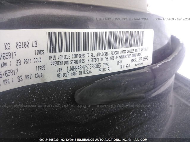 1J4HR48N75C578385 - 2005 JEEP GRAND CHEROKEE LAREDO/COLUMBIA/FREEDOM 黑色 照片 9