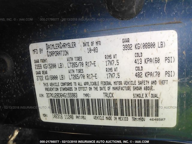 3D7KU28D64G155983 - 2004 DODGE RAM 2500 ST/SLT 蓝色 照片 9