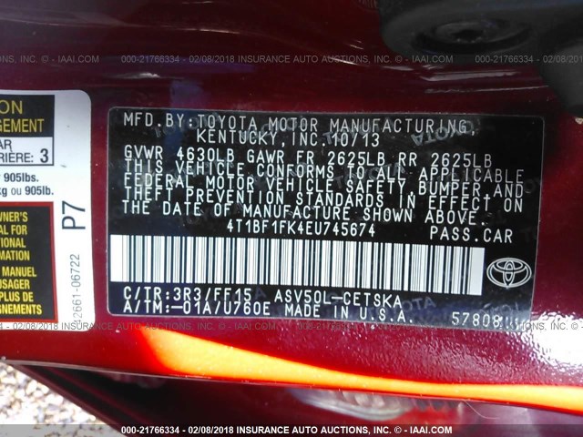 4T1BF1FK4EU745674 - 2014 TOYOTA CAMRY L/SE/LE/XLE Qırmızı foto 9