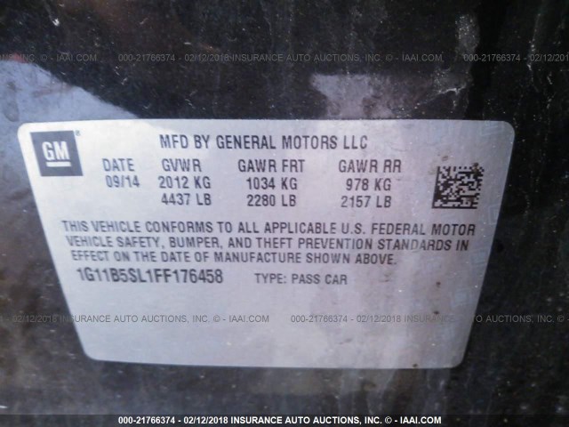 1G11B5SL1FF176458 - 2015 CHEVROLET MALIBU LS 黑色 照片 9