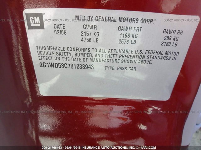 2G1WD58C781233943 - 2008 CHEVROLET IMPALA SUPER SPORT RED photo 9