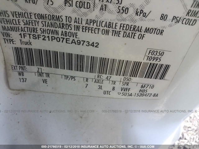 1FTSF21P07EA97342 - 2007 FORD F250 SUPER DUTY WHITE photo 9