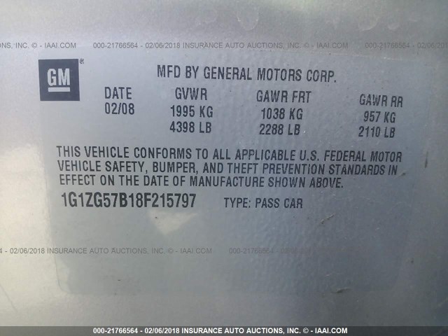 1G1ZG57B18F215797 - 2008 CHEVROLET MALIBU LS 银色 照片 9