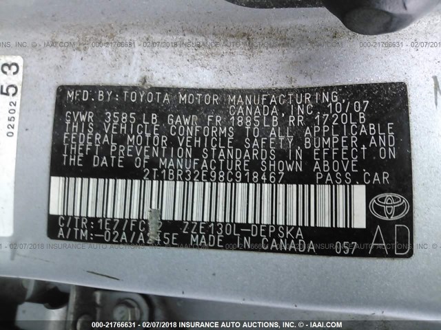 2T1BR32E98C918467 - 2008 TOYOTA COROLLA CE/LE/S SILVER photo 9