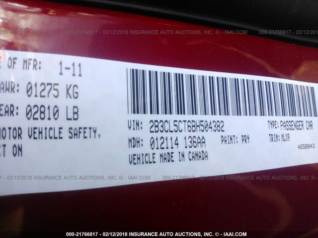 2B3CL5CT6BH504382 - 2011 DODGE CHARGER R/T RED photo 9