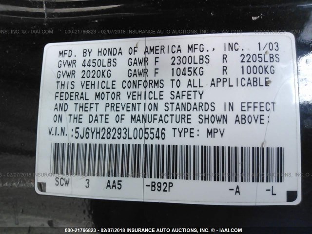 5J6YH28293L005546 - 2003 HONDA ELEMENT DX BLACK photo 9