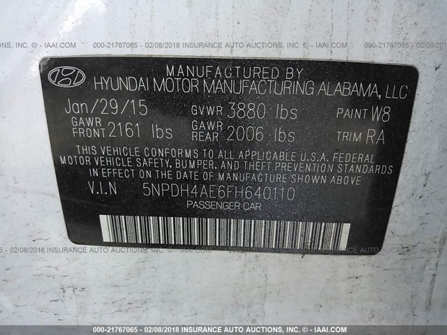 5NPDH4AE6FH640110 - 2015 HYUNDAI ELANTRA SE/SPORT/LIMITED WHITE photo 9