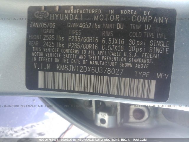 KM8JN12DX6U378027 - 2006 HYUNDAI TUCSON GLS/LIMITED Light Blue photo 9