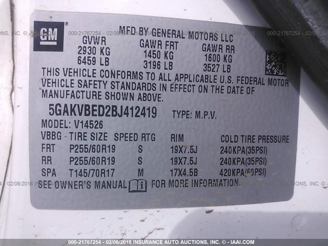 5GAKVBED2BJ412419 - 2011 BUICK ENCLAVE CXL 白色 照片 9