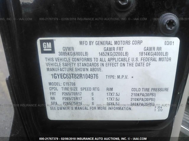 1GYEC63T82R104976 - 2002 CADILLAC ESCALADE LUXURY BLACK photo 9