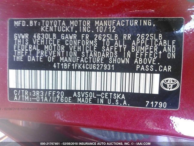 4T1BF1FK4CU627931 - 2012 TOYOTA CAMRY SE/LE/XLE RED photo 9