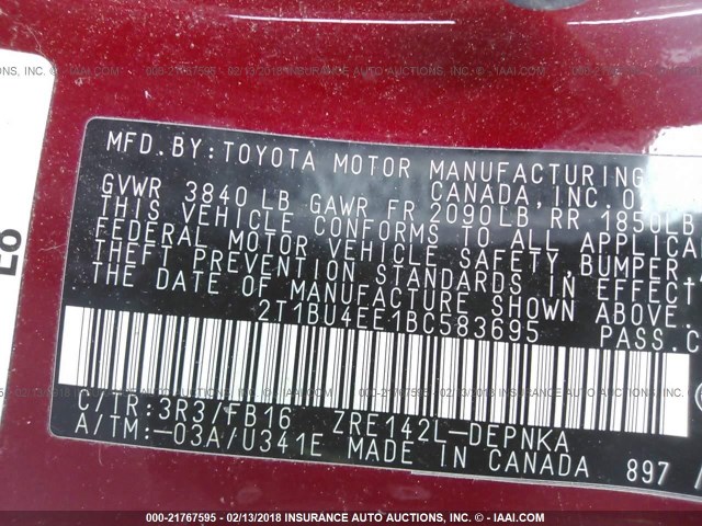 2T1BU4EE1BC583695 - 2011 TOYOTA COROLLA S/LE RED photo 9