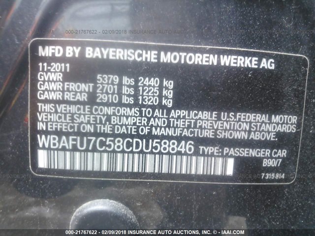 WBAFU7C58CDU58846 - 2012 BMW 535 XI BLACK photo 9