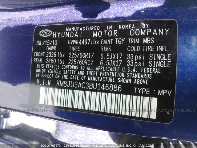 KM8JU3AC3BU146886 - 2011 HYUNDAI TUCSON GLS/LIMITED მუქი ლურჯი ფოტო 9