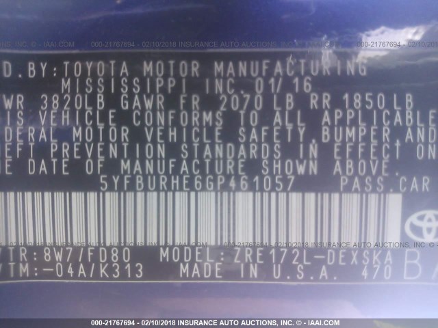 5YFBURHE6GP461057 - 2016 TOYOTA COROLLA L/LE/LE PLS/PRM/S/S PLS BLUE photo 9