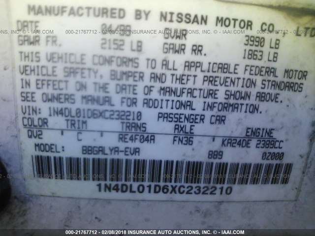 1N4DL01D6XC232210 - 1999 NISSAN ALTIMA XE/GXE/SE/GLE WHITE photo 9