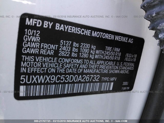 5UXWX9C53D0A26732 - 2013 BMW X3 XDRIVE28I WHITE photo 9