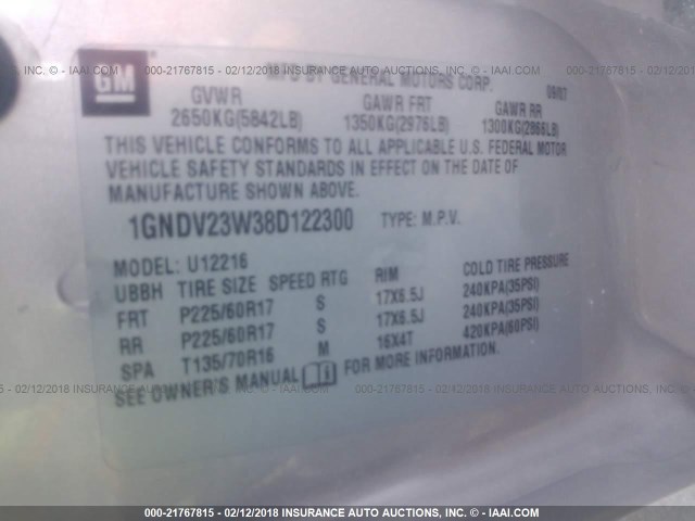 1GNDV23W38D122300 - 2008 CHEVROLET UPLANDER LS GRAY photo 9