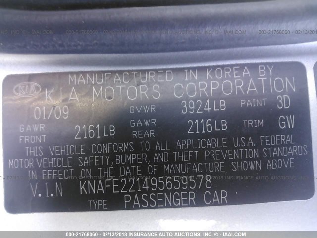 KNAFE221495659578 - 2009 KIA SPECTRA EX/LX/SX SILVER photo 9