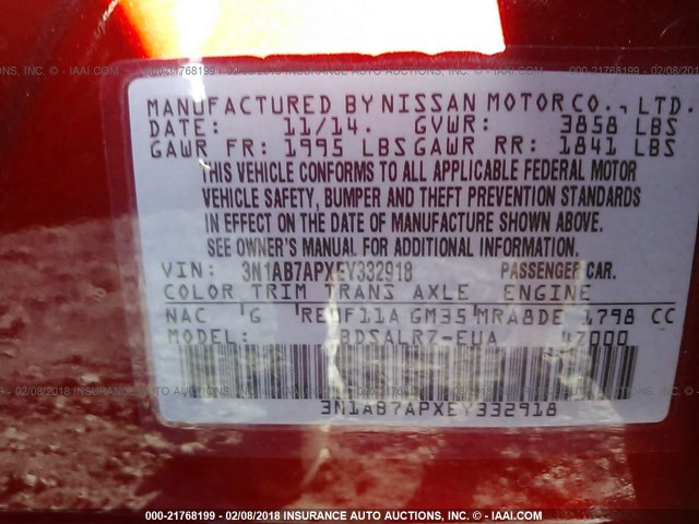 3N1AB7APXEY332918 - 2014 NISSAN SENTRA S/SV/SR/SL RED photo 9