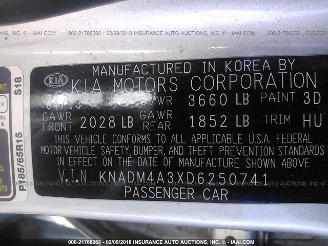 KNADM4A3XD6250741 - 2013 KIA RIO LX Արծաթագույն լուսանկար 9