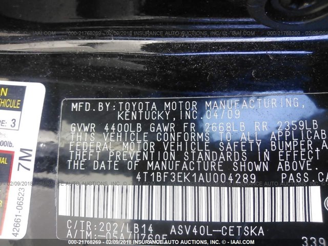 4T1BF3EK1AU004289 - 2010 TOYOTA CAMRY SE/LE/XLE BLACK photo 9