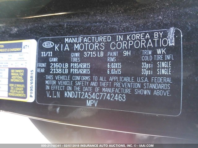 KNDJT2A54C7742463 - 2012 KIA SOUL BLACK photo 9