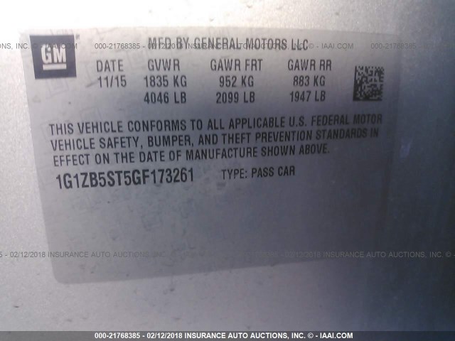 1G1ZB5ST5GF173261 - 2016 CHEVROLET MALIBU LS 银色 照片 9