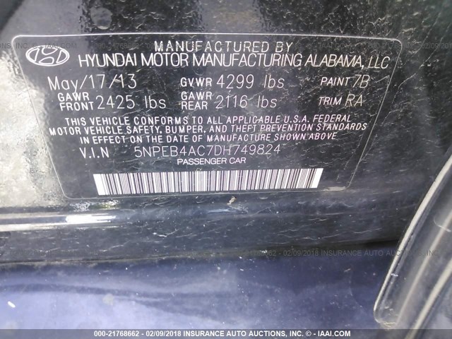 5NPEB4AC7DH749824 - 2013 HYUNDAI SONATA GLS BLACK photo 9