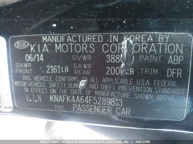 KNAFK4A64F5289813 - 2015 KIA FORTE LX BLACK photo 9