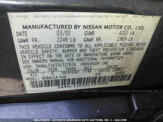 1N4AL11E55C337626 - 2005 NISSAN ALTIMA S/SL GRAY photo 9