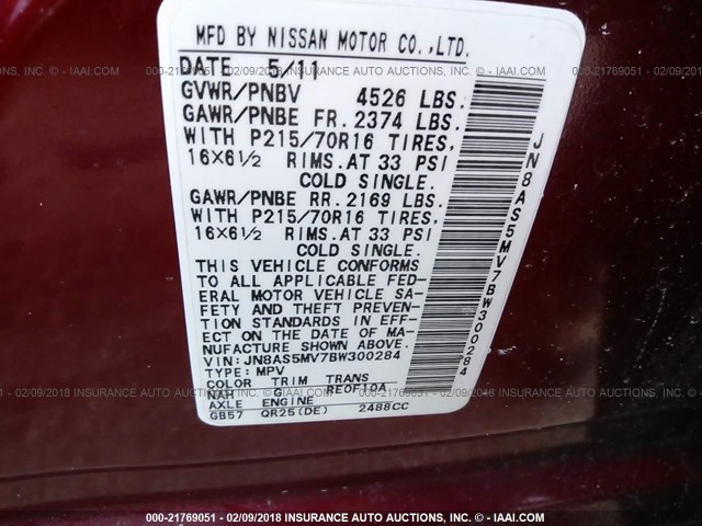 JN8AS5MV7BW300284 - 2011 NISSAN ROGUE S/SV/KROM RED photo 9