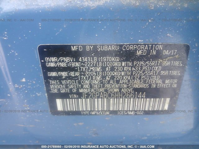 JF2GPABC6HH266144 - 2017 SUBARU CROSSTREK PREMIUM BLUE photo 9