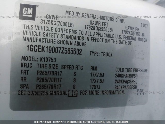 1GCEK19007Z585502 - 2007 CHEVROLET SILVERADO K1500 WHITE photo 9