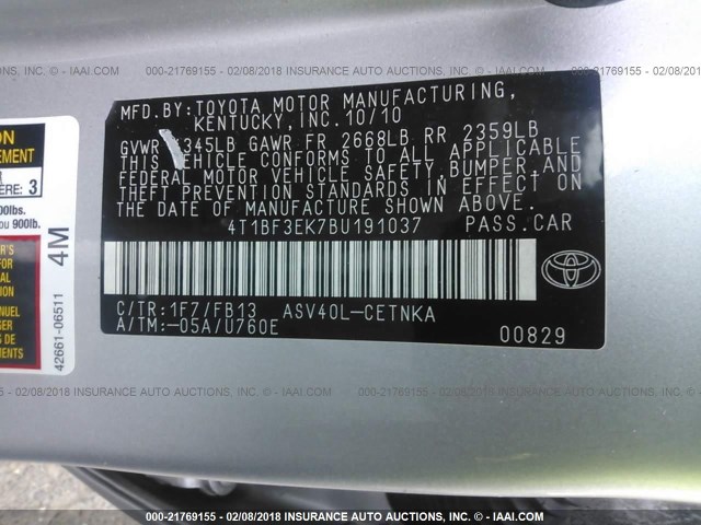 4T1BF3EK7BU191037 - 2011 TOYOTA CAMRY SE/LE/XLE Серебристый фото 9