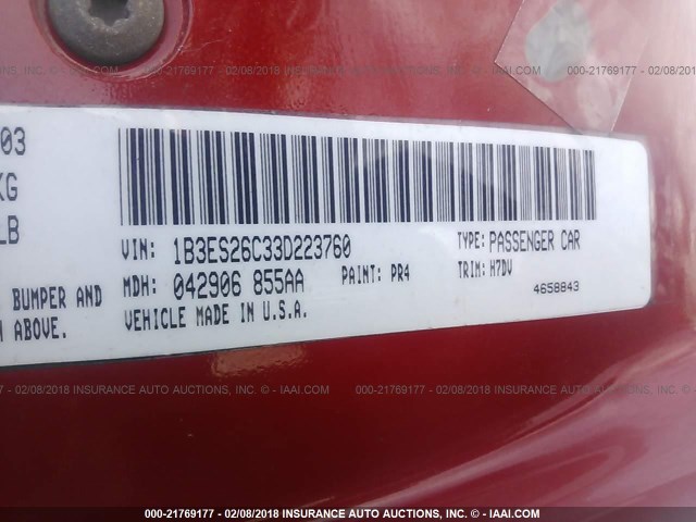 1B3ES26C33D223760 - 2003 DODGE NEON SE RED photo 9