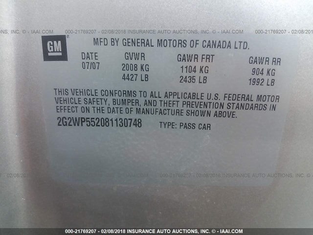 2G2WP552081130748 - 2008 PONTIAC GRAND PRIX ვერცხლისფერი ფოტო 9