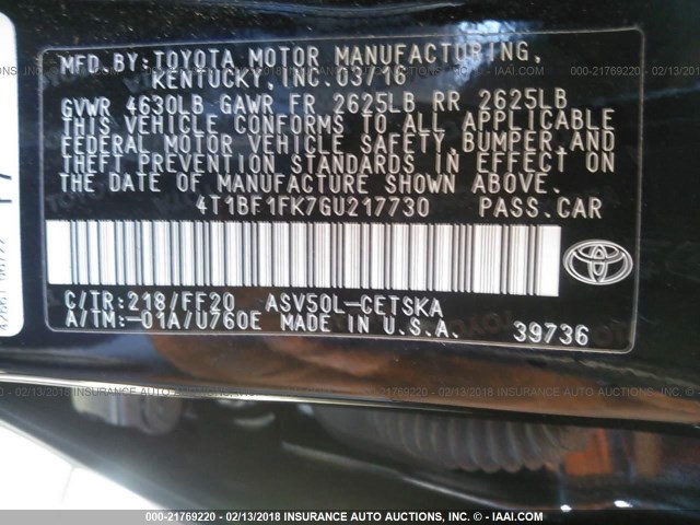 4T1BF1FK7GU217730 - 2016 TOYOTA CAMRY LE/XLE/SE/XSE BLACK photo 9