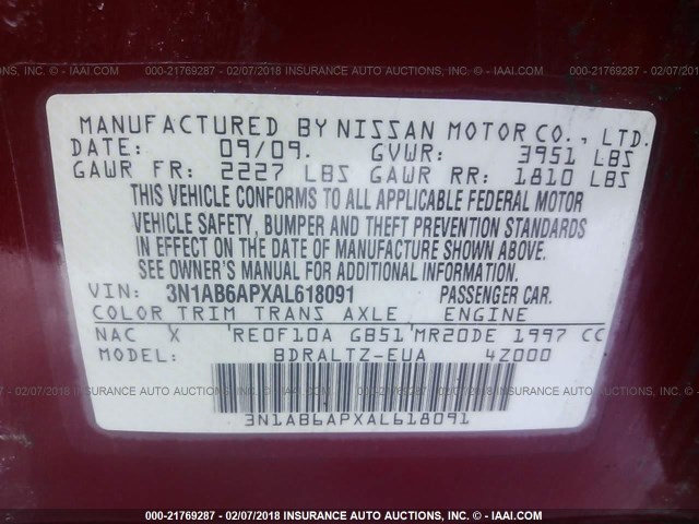 3N1AB6APXAL618091 - 2010 NISSAN SENTRA 2.0/2.0S/SR/2.0SL RED photo 9