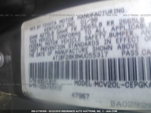 4T1BF28K8WU055317 - 1998 TOYOTA CAMRY CE/LE/XLE 灰色 照片 9