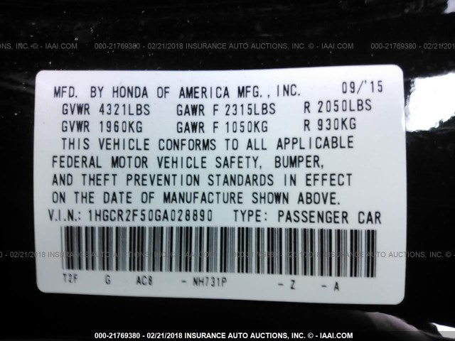 1HGCR2F50GA028890 - 2016 HONDA ACCORD SPORT 黑色 照片 9
