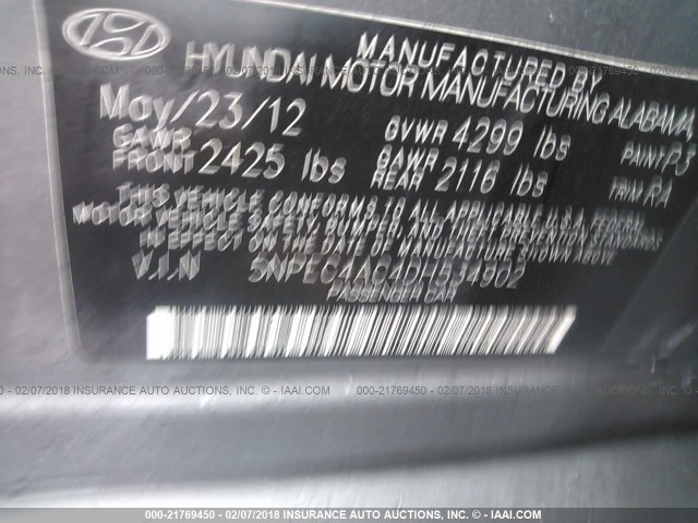 5NPEC4AC4DH534902 - 2013 HYUNDAI SONATA SE/LIMITED GRAY photo 9