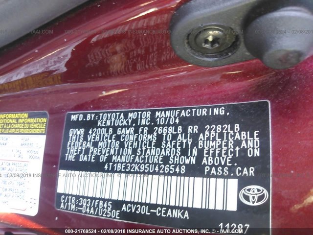 4T1BE32K95U426548 - 2005 TOYOTA CAMRY LE/XLE/SE RED photo 9