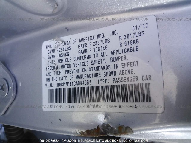 1HGCP2F61CA084362 - 2012 HONDA ACCORD SE SILVER photo 9