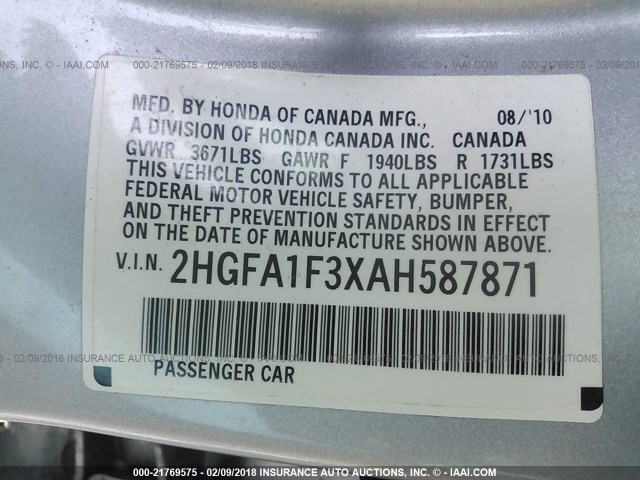 2HGFA1F3XAH587871 - 2010 HONDA CIVIC VP SILVER photo 9