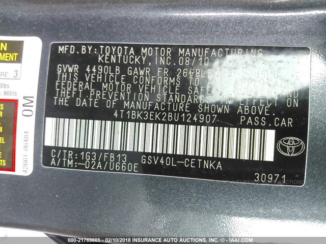 4T1BK3EK2BU124907 - 2011 TOYOTA CAMRY SE/LE/XLE SILVER photo 9