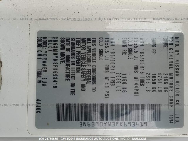 3N63M0YN3FK693419 - 2015 CHEVROLET CITY EXPRESS LS WHITE photo 9