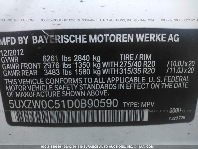 5UXZW0C51D0B90590 - 2013 BMW X5 XDRIVE35D WHITE photo 9